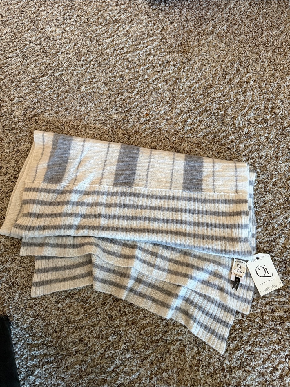 Qi White and Gray Striped Long Cashmere Scarf, NWT